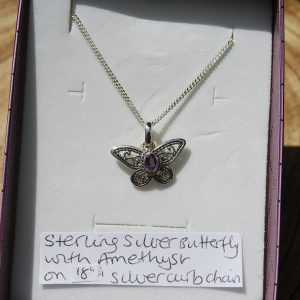 Amethyst Butterfly Pendant on 18" Silver 925 Curb Chain - CJF224