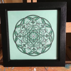Green Mandala - 7" x 7" in small black box frame by Carolyn Freeman