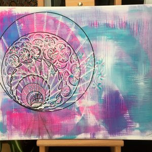 Pink and blue Mandala in acrylic pen on canvas - 20" x 16" by Carolyn Freeman