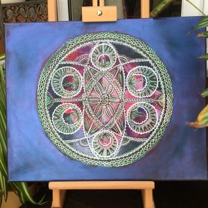 Green and pink on blue Mandala in acrylic pen on canvas - 20" x 16" by Carolyn Freeman