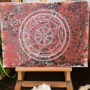 reds, black and white Mandala in acrylic pen on canvas - 16" x 12" by Carolyn Freeman