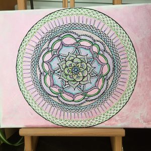 Green and black on pink Mandala in acrylic pen on canvas - 16" x 12" by Carolyn Freeman