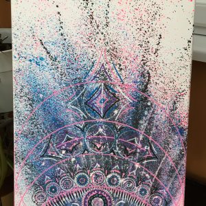 Pink, blue and black Mandala in acrylic pen on canvas - 16" x 12" by Carolyn Freeman