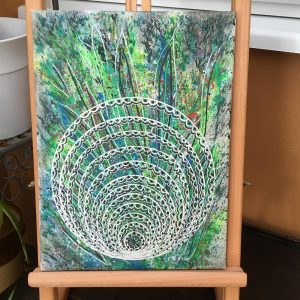 Greens, blues and black Mandala in acrylic pen on canvas - 12" x 9" by Carolyn Freeman