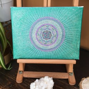 Mauves, blues and green Mandala in acrylic pen on canvas - 12" x 9" by Carolyn Freeman
