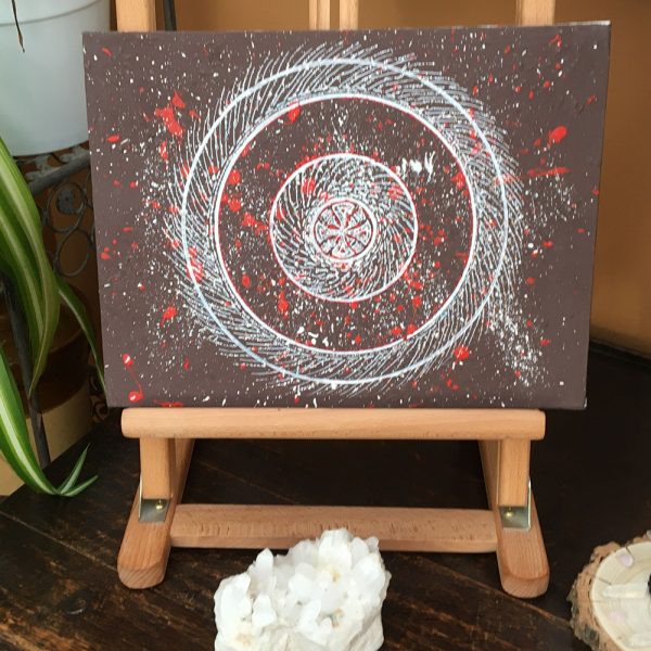 White on brown and red Mandala in acrylic pen on canvas - 12" x 9" by Carolyn Freeman