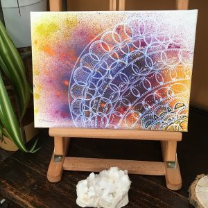Multi colour Mandala in acrylic pen on canvas - 12" x 9" by Carolyn Freeman