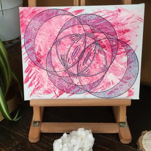 Black on pink Mandala in acrylic pen on canvas - 12" x 9" by Carolyn Freeman