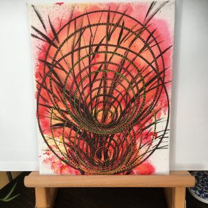 Yellow, green and black on red Mandala in acrylic pen on canvas - 12" x 8" by Carolyn Freeman