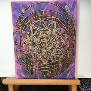 Yellow and black on mauves Mandala in acrylic pen on canvas - 12" x 8" by Carolyn Freeman