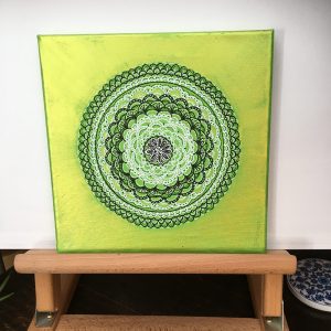 Green on yellow Mandala in acrylic pen on canvas - 8" x 8" by Carolyn Freeman