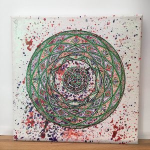Multi colour Mandala in acrylic pen on canvas - 8" x 8" by Carolyn Freeman