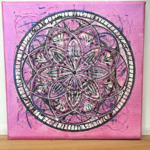 Blue and black on pink Mandala in acrylic pen on canvas - 8" x 8" by Carolyn Freeman