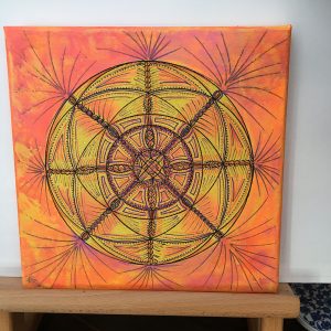 Yellow and orange Mandala in acrylic pen on canvas - 8" x 8" by Carolyn Freeman